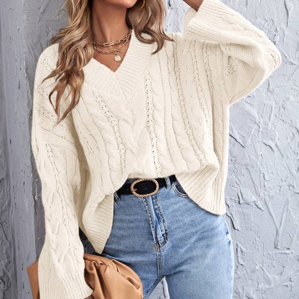 V neck Chunky Knit Cable Oversized Sweater Pink - Picture 11 of 14
